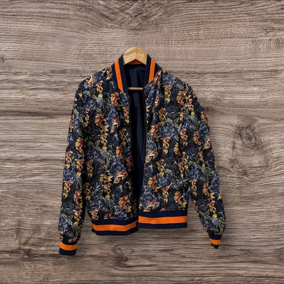 TALLIA reversible Bomber BLUE/KOI print with Vibrant Orange Accents - Picture 1 of 6
